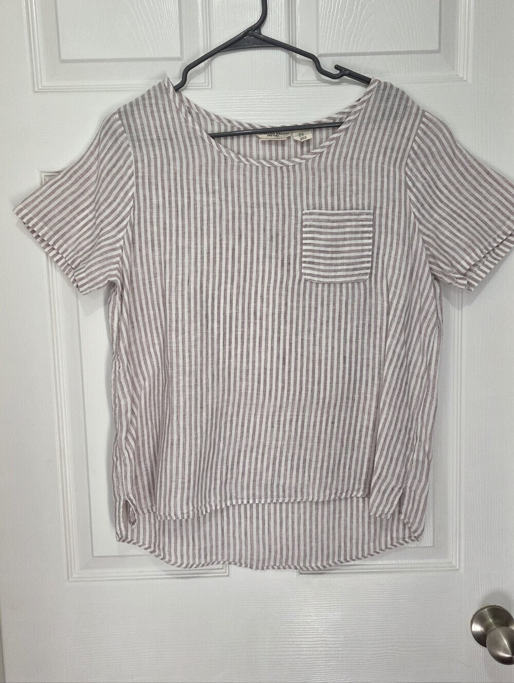 Christian Siriano Taupe White Striped 100% Linen Pocket Top Size Medium